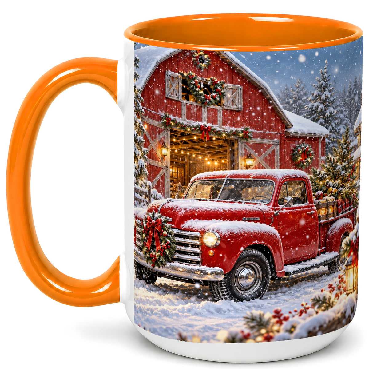 #pl[15oz|Orange] Christmas Red Truck Coffee Mug, Snowy Barn Mug, Ceramic Cup