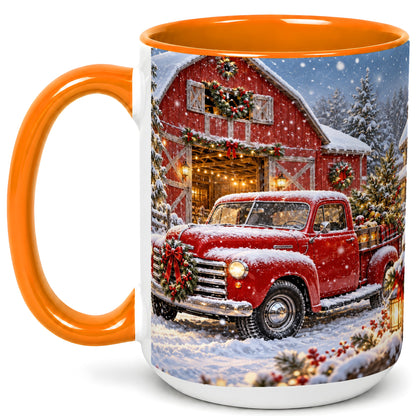 #pl[15oz|Orange] Christmas Red Truck Coffee Mug, Snowy Barn Mug, Ceramic Cup