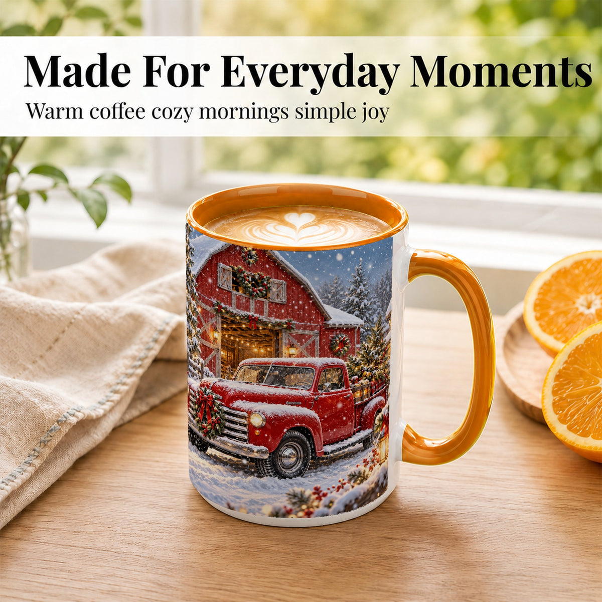 #pl[15oz|Orange] Christmas Red Truck Coffee Mug, Snowy Barn Mug, Ceramic Cup