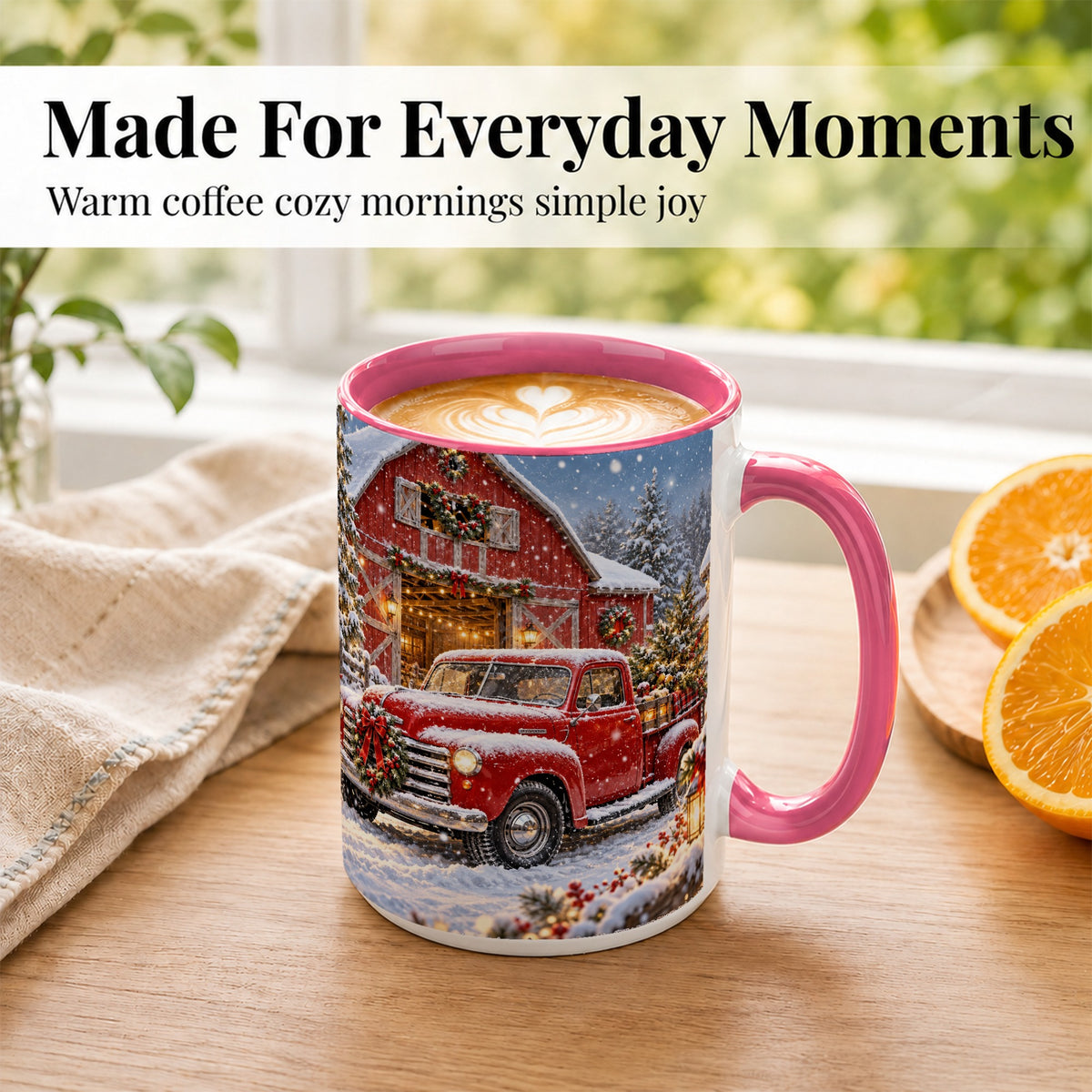 #pl[15oz|Pink] Christmas Red Truck Coffee Mug, Snowy Barn Mug, Ceramic Cup