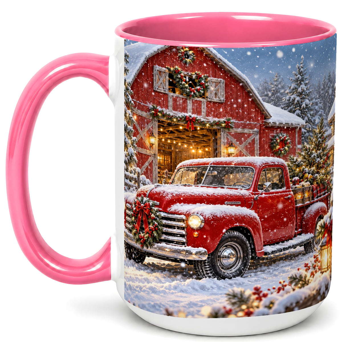 #pl[15oz|Pink] Christmas Red Truck Coffee Mug, Snowy Barn Mug, Ceramic Cup