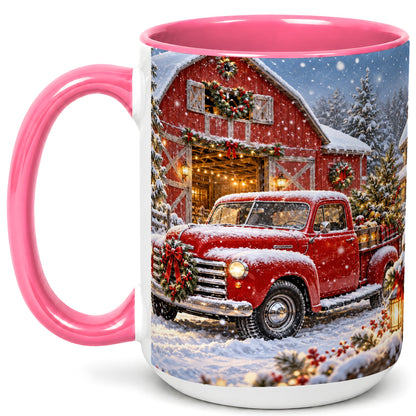 #pl[15oz|Pink] Christmas Red Truck Coffee Mug, Snowy Barn Mug, Ceramic Cup