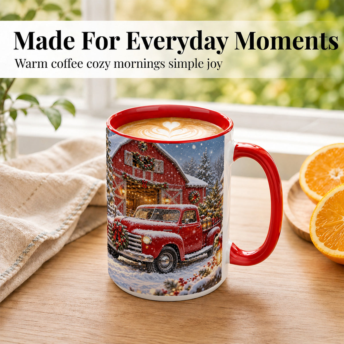 #pl[15oz|Red] Christmas Red Truck Coffee Mug, Snowy Barn Mug, Ceramic Cup