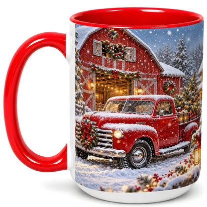 #pl[15oz|Red] Christmas Red Truck Coffee Mug, Snowy Barn Mug, Ceramic Cup
