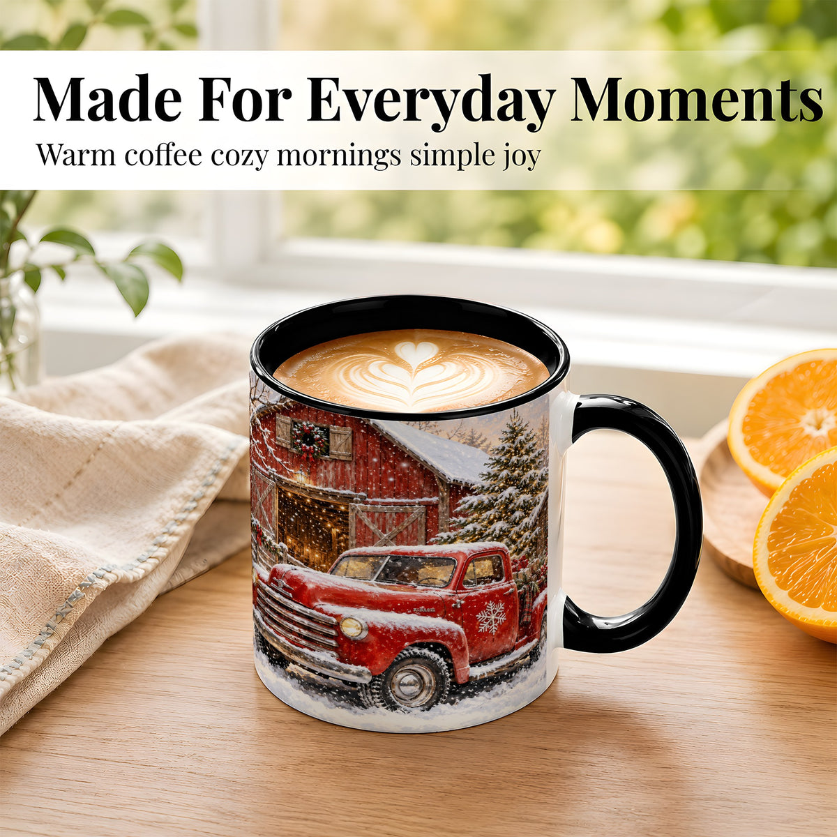 #pl[11oz|Black] Classic Red Truck Coffee Mug, Snowy Farmhouse Mug, Ceramic Cup