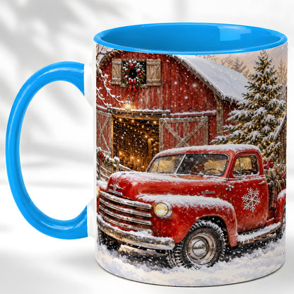 #pl[11oz|Blue] Classic Red Truck Coffee Mug, Snowy Farmhouse Mug, Ceramic Cup
