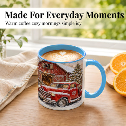 #pl[11oz|Blue] Classic Red Truck Coffee Mug, Snowy Farmhouse Mug, Ceramic Cup
