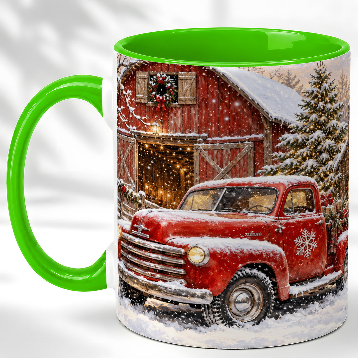 #pl[11oz|Green] Classic Red Truck Coffee Mug, Snowy Farmhouse Mug, Ceramic Cup