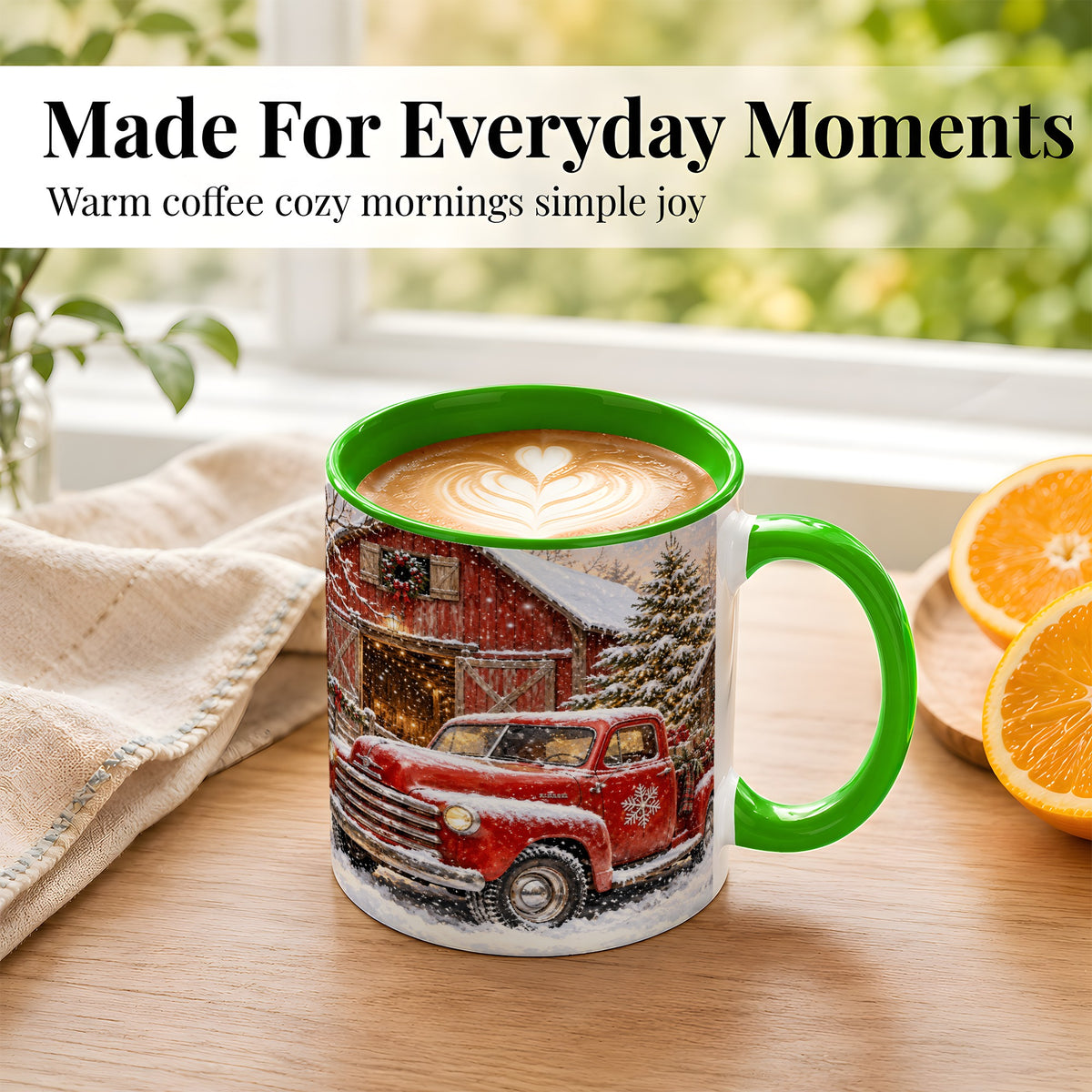 #pl[11oz|Green] Classic Red Truck Coffee Mug, Snowy Farmhouse Mug, Ceramic Cup