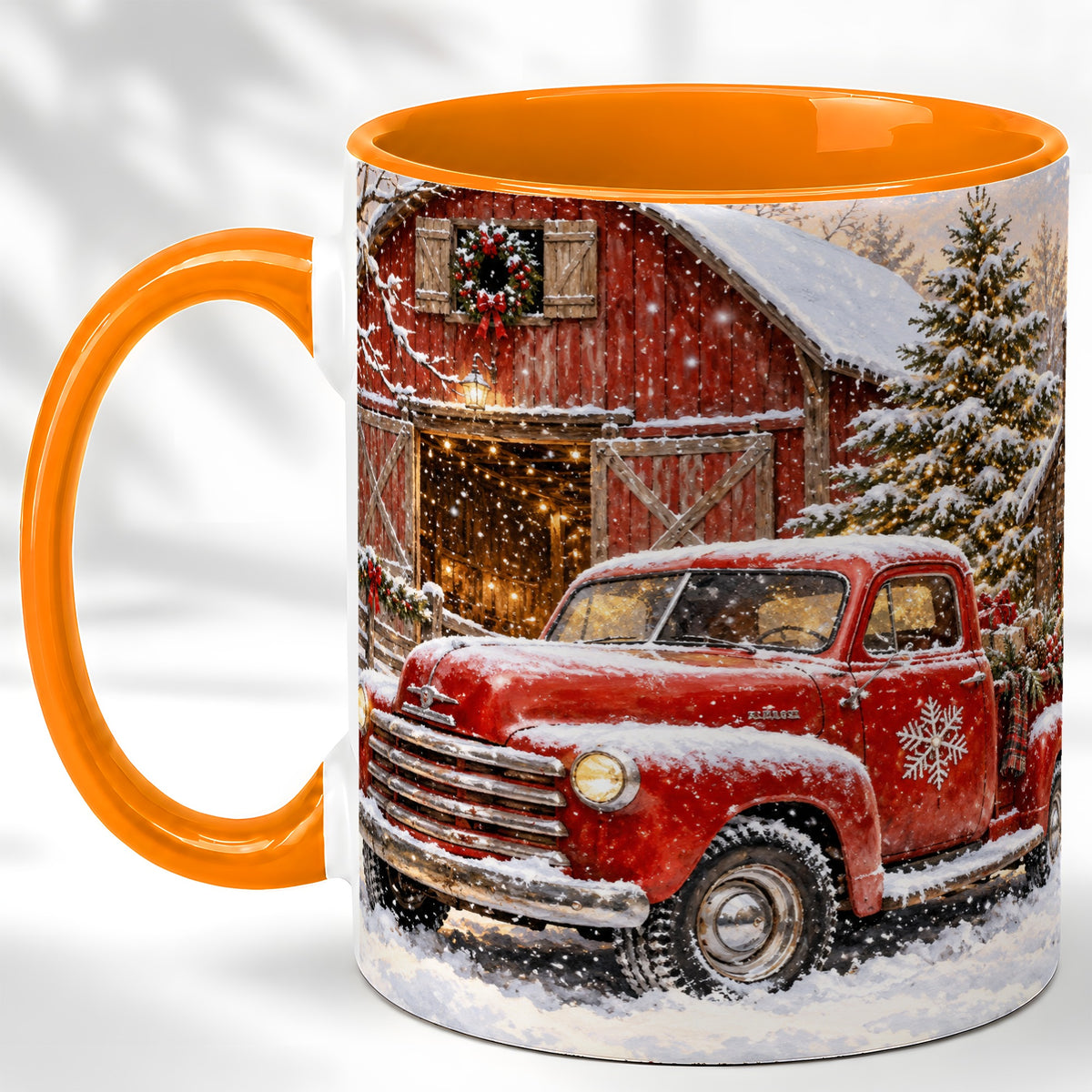 #pl[11oz|Orange] Classic Red Truck Coffee Mug, Snowy Farmhouse Mug, Ceramic Cup