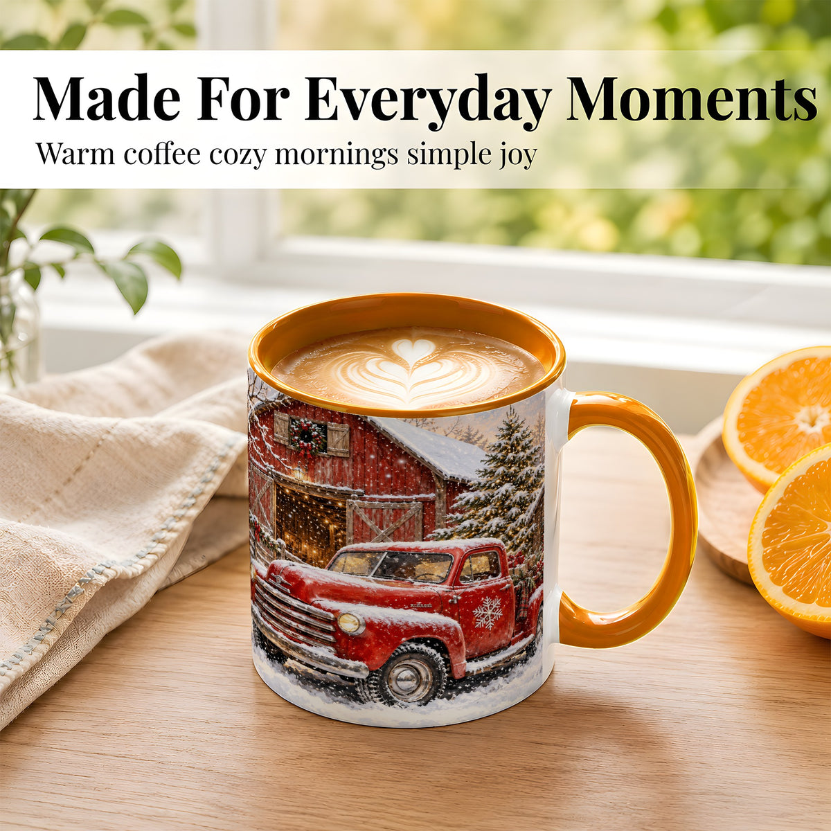 #pl[11oz|Orange] Classic Red Truck Coffee Mug, Snowy Farmhouse Mug, Ceramic Cup