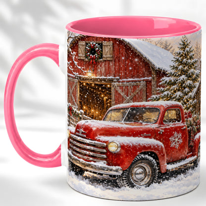 #pl[11oz|Pink] Classic Red Truck Coffee Mug, Snowy Farmhouse Mug, Ceramic Cup