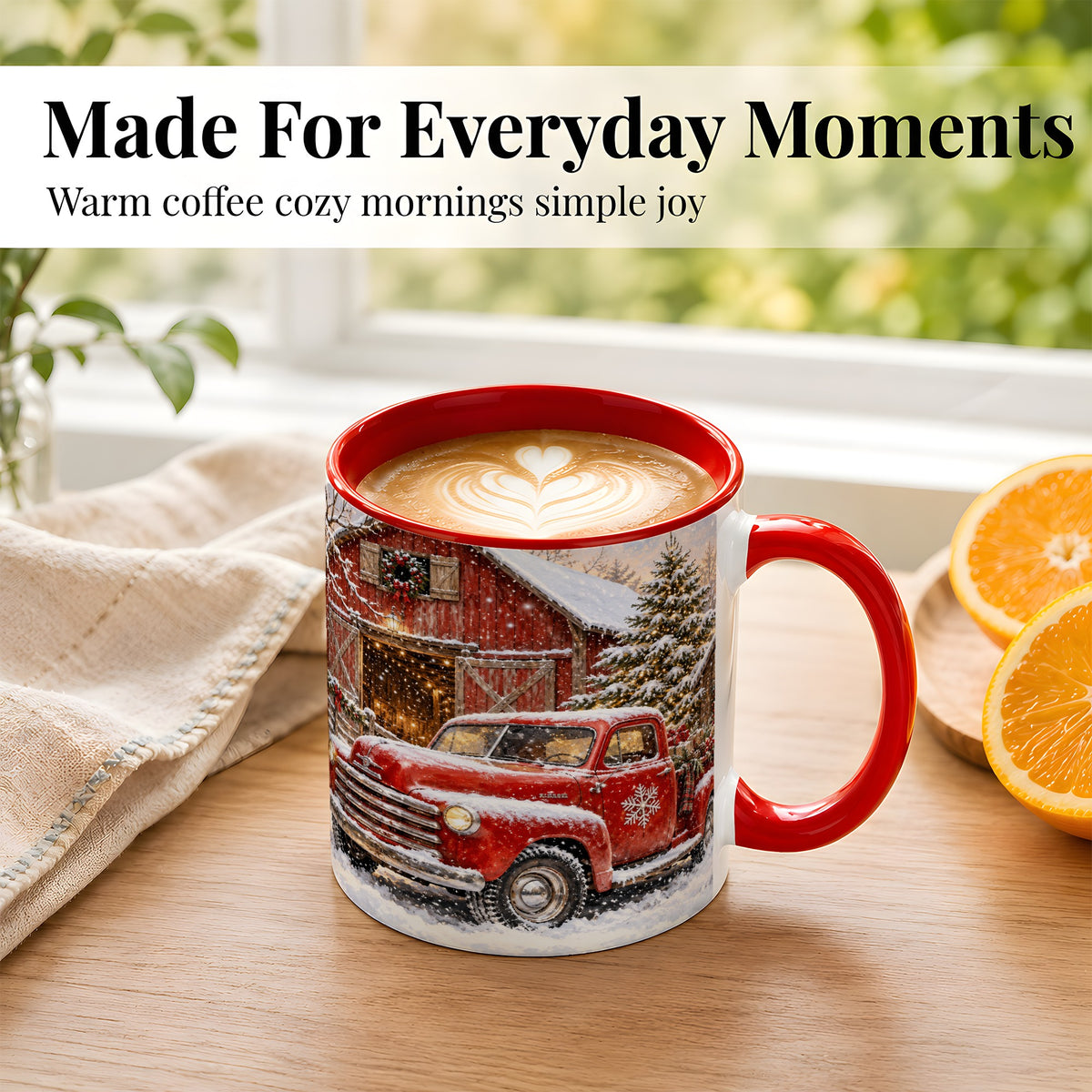 #pl[11oz|Red] Classic Red Truck Coffee Mug, Snowy Farmhouse Mug, Ceramic Cup