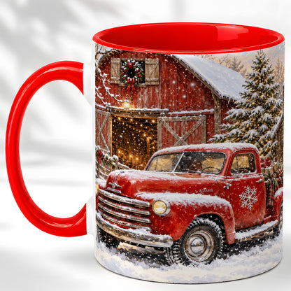 Classic Red Truck Coffee Mug, Snowy Farmhouse Mug, Ceramic Cup
