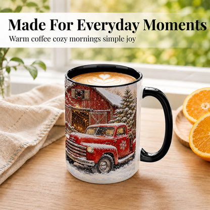 #pl[15oz|Black] Classic Red Truck Coffee Mug, Snowy Farmhouse Mug, Ceramic Cup