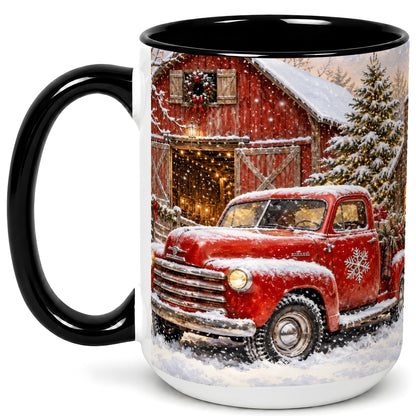 #pl[15oz|Black] Classic Red Truck Coffee Mug, Snowy Farmhouse Mug, Ceramic Cup