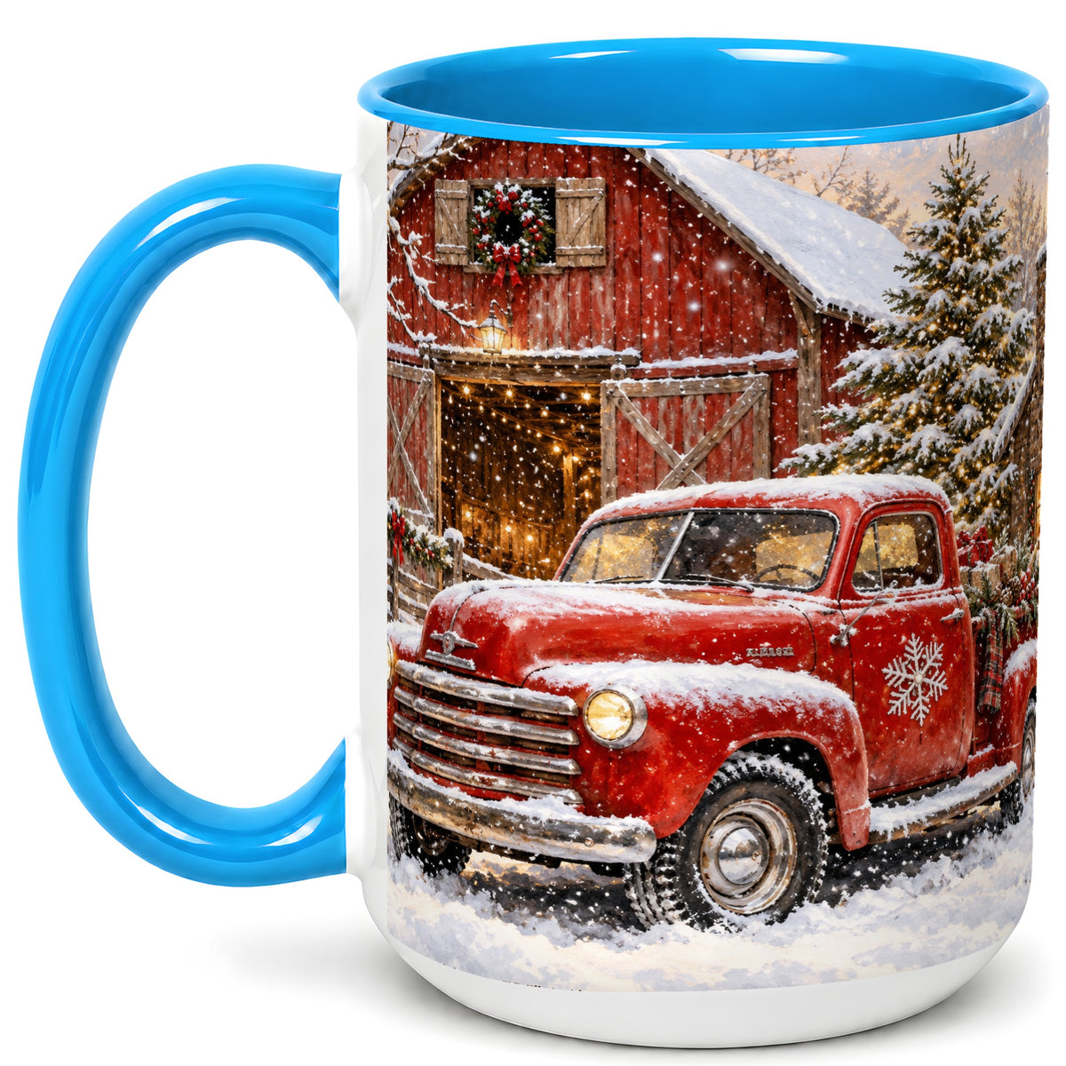 #pl[15oz|Blue] Classic Red Truck Coffee Mug, Snowy Farmhouse Mug, Ceramic Cup