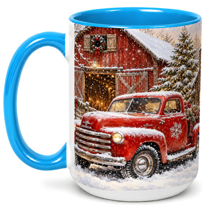 #pl[15oz|Blue] Classic Red Truck Coffee Mug, Snowy Farmhouse Mug, Ceramic Cup