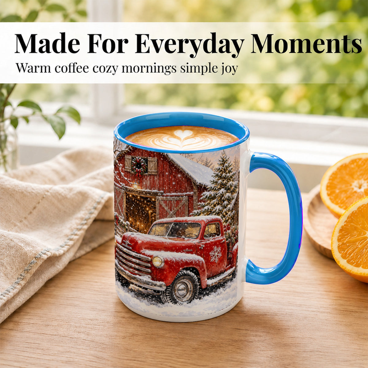 #pl[15oz|Blue] Classic Red Truck Coffee Mug, Snowy Farmhouse Mug, Ceramic Cup