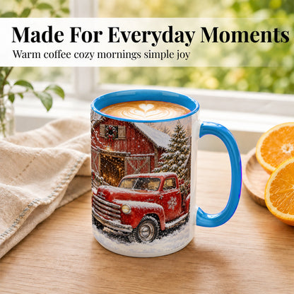 #pl[15oz|Blue] Classic Red Truck Coffee Mug, Snowy Farmhouse Mug, Ceramic Cup