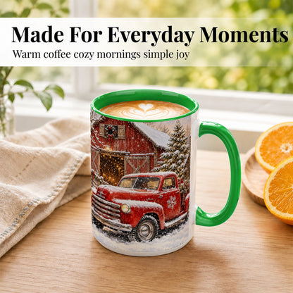 #pl[15oz|Green] Classic Red Truck Coffee Mug, Snowy Farmhouse Mug, Ceramic Cup