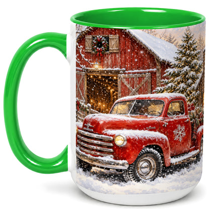 #pl[15oz|Green] Classic Red Truck Coffee Mug, Snowy Farmhouse Mug, Ceramic Cup