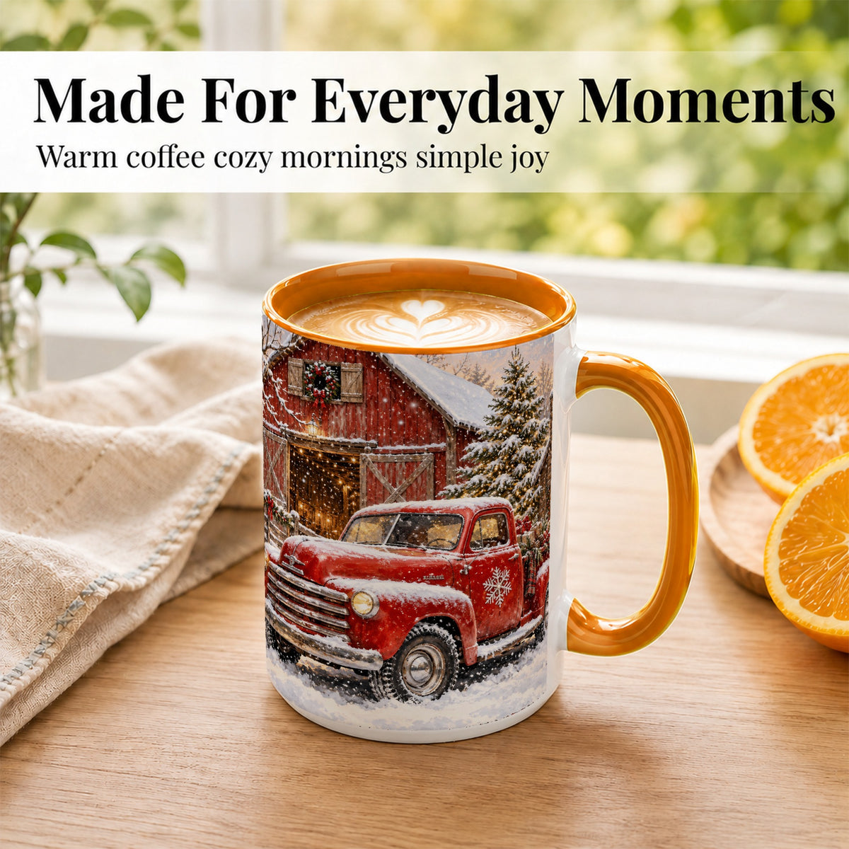 #pl[15oz|Orange] Classic Red Truck Coffee Mug, Snowy Farmhouse Mug, Ceramic Cup