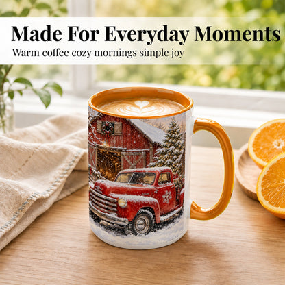 #pl[15oz|Orange] Classic Red Truck Coffee Mug, Snowy Farmhouse Mug, Ceramic Cup