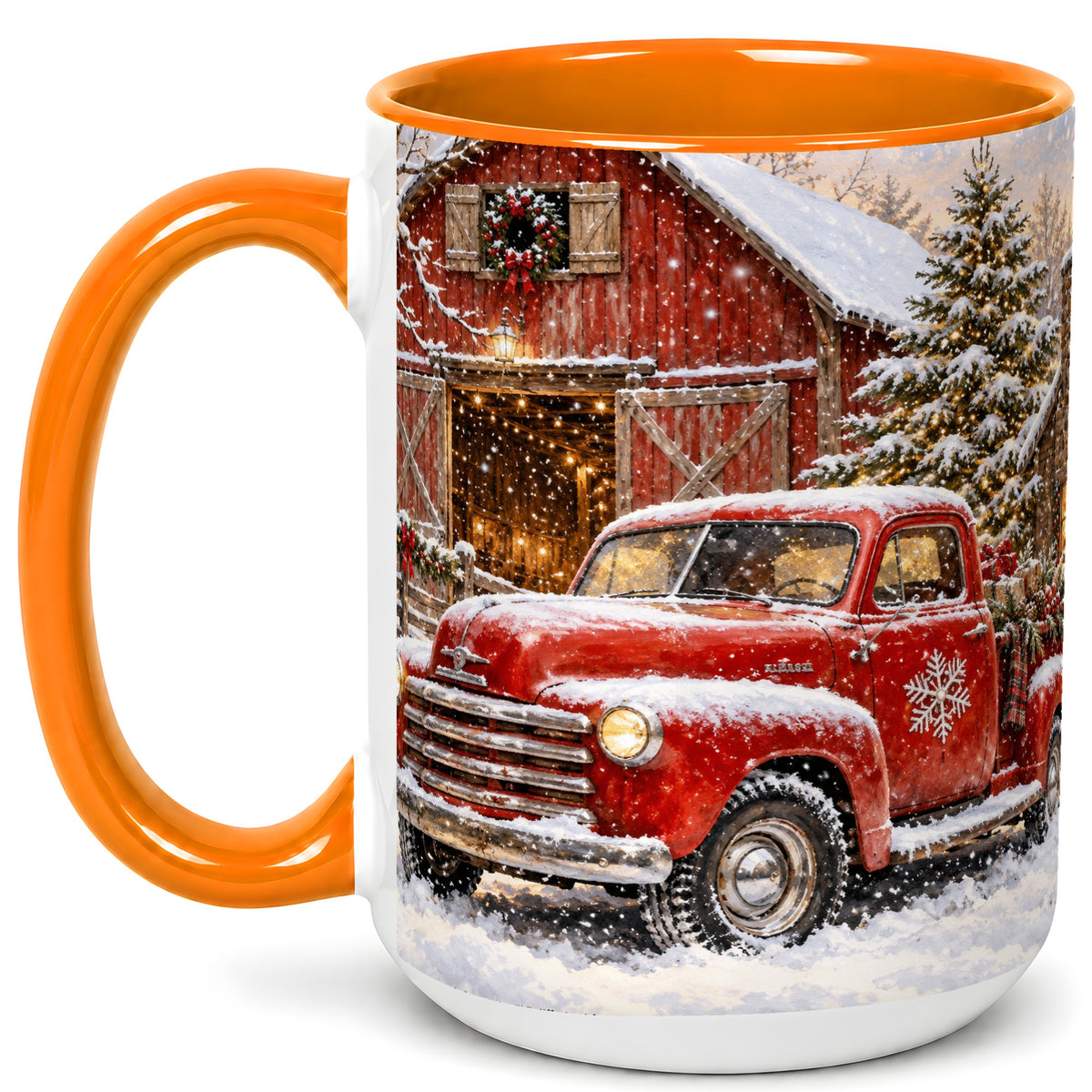 #pl[15oz|Orange] Classic Red Truck Coffee Mug, Snowy Farmhouse Mug, Ceramic Cup