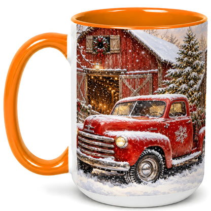 #pl[15oz|Orange] Classic Red Truck Coffee Mug, Snowy Farmhouse Mug, Ceramic Cup