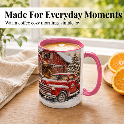 #pl[15oz|Pink] Classic Red Truck Coffee Mug, Snowy Farmhouse Mug, Ceramic Cup