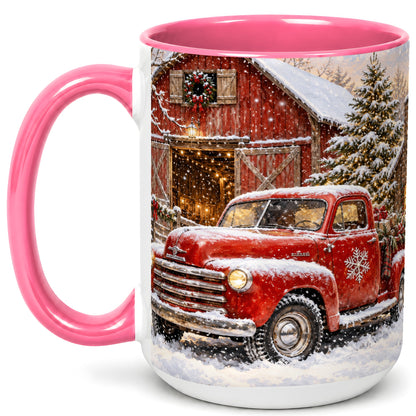 #pl[15oz|Pink] Classic Red Truck Coffee Mug, Snowy Farmhouse Mug, Ceramic Cup