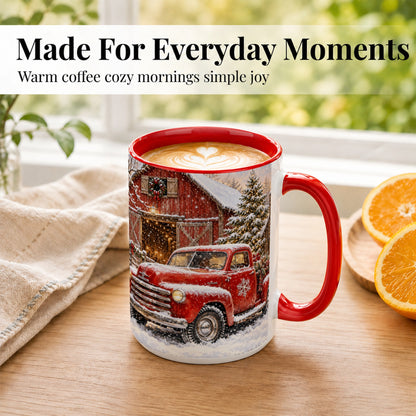 #pl[15oz|Red] Classic Red Truck Coffee Mug, Snowy Farmhouse Mug, Ceramic Cup