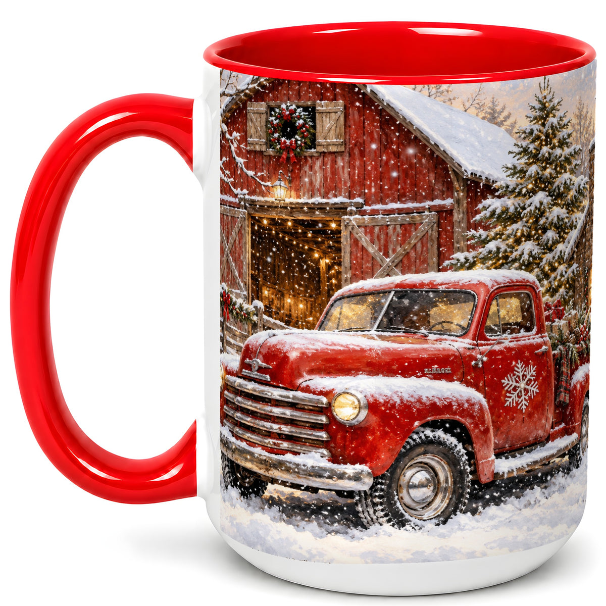 #pl[15oz|Red] Classic Red Truck Coffee Mug, Snowy Farmhouse Mug, Ceramic Cup