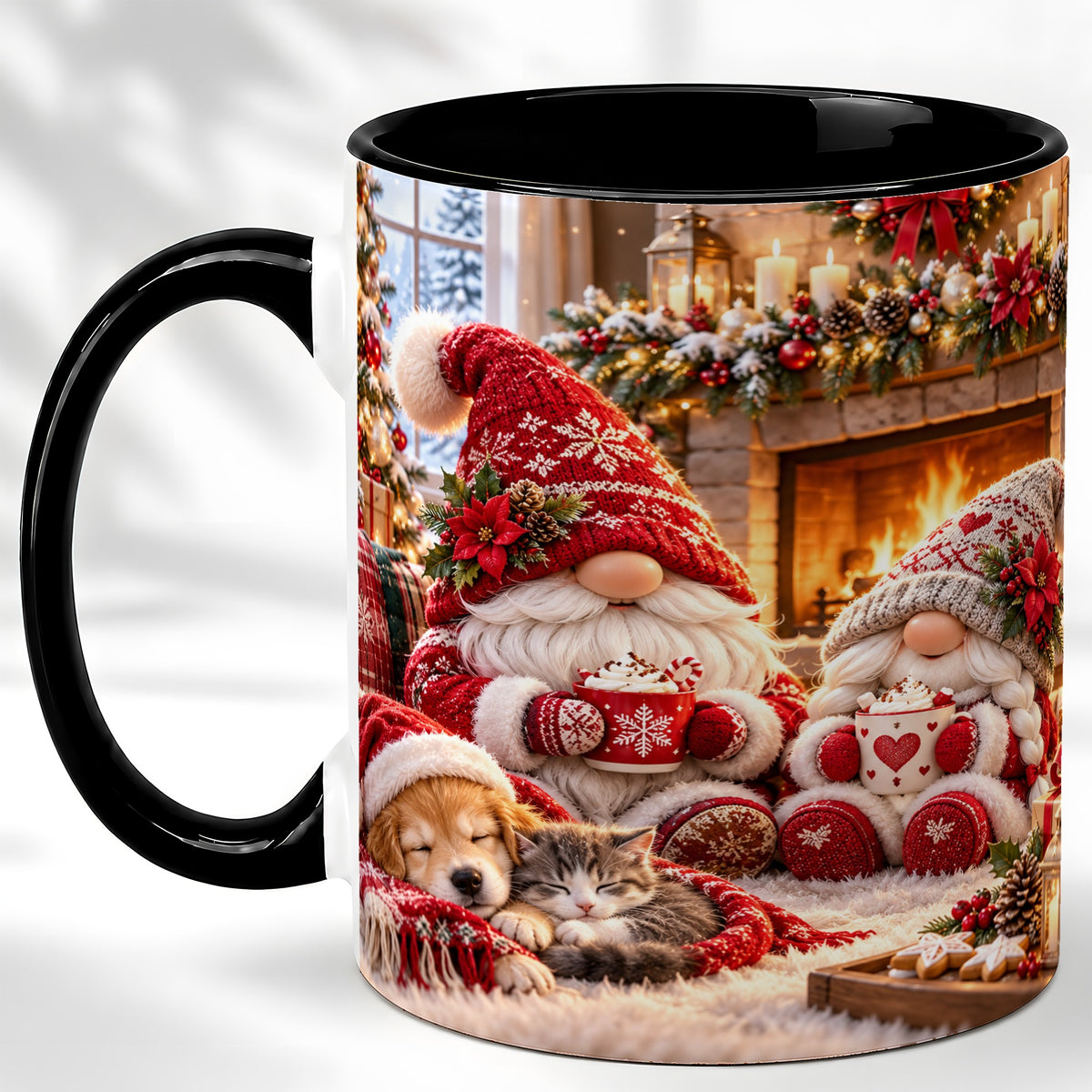 #pl[11oz|Black] Cozy Christmas Gnome Coffee Mug, Fireplace Holiday Mug, Ceramic Cup