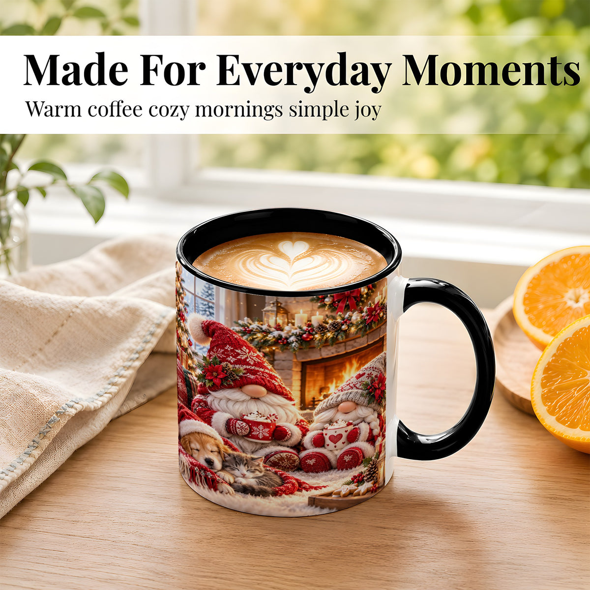 #pl[11oz|Black] Cozy Christmas Gnome Coffee Mug, Fireplace Holiday Mug, Ceramic Cup