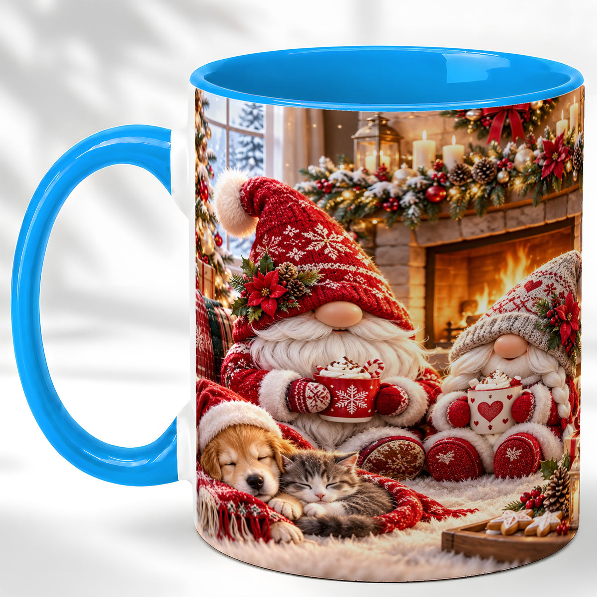 #pl[11oz|Blue] Cozy Christmas Gnome Coffee Mug, Fireplace Holiday Mug, Ceramic Cup