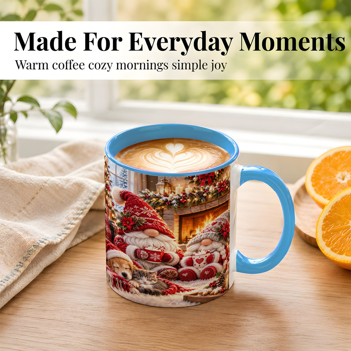 #pl[11oz|Blue] Cozy Christmas Gnome Coffee Mug, Fireplace Holiday Mug, Ceramic Cup