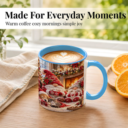 #pl[11oz|Blue] Cozy Christmas Gnome Coffee Mug, Fireplace Holiday Mug, Ceramic Cup