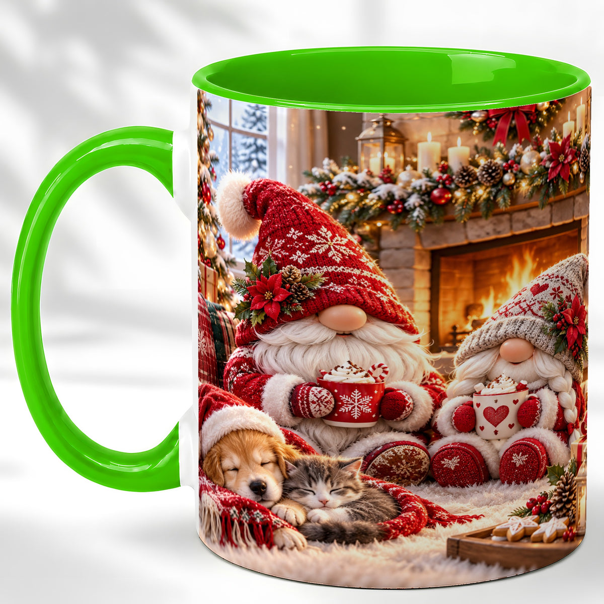 #pl[11oz|Green] Cozy Christmas Gnome Coffee Mug, Fireplace Holiday Mug, Ceramic Cup
