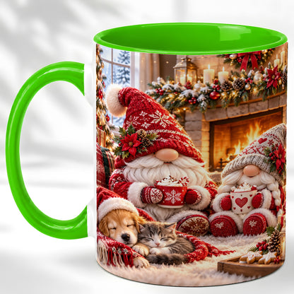 #pl[11oz|Green] Cozy Christmas Gnome Coffee Mug, Fireplace Holiday Mug, Ceramic Cup