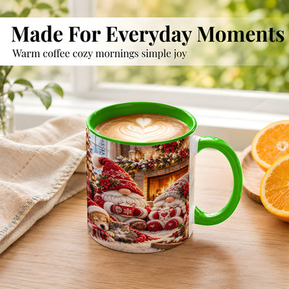 #pl[11oz|Green] Cozy Christmas Gnome Coffee Mug, Fireplace Holiday Mug, Ceramic Cup