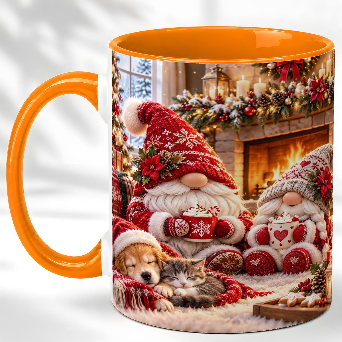 #pl[11oz|Orange] Cozy Christmas Gnome Coffee Mug, Fireplace Holiday Mug, Ceramic Cup