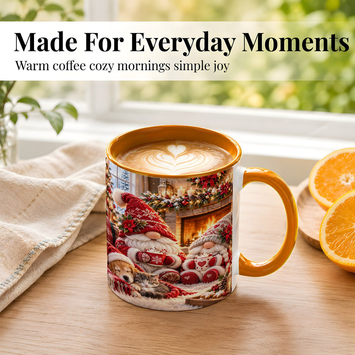 #pl[11oz|Orange] Cozy Christmas Gnome Coffee Mug, Fireplace Holiday Mug, Ceramic Cup