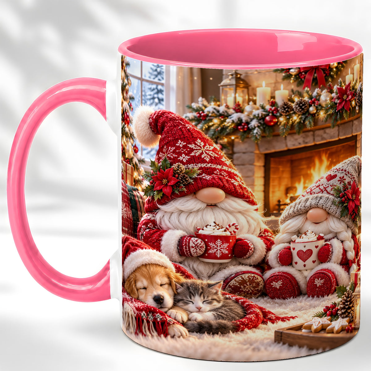 #pl[11oz|Pink] Cozy Christmas Gnome Coffee Mug, Fireplace Holiday Mug, Ceramic Cup