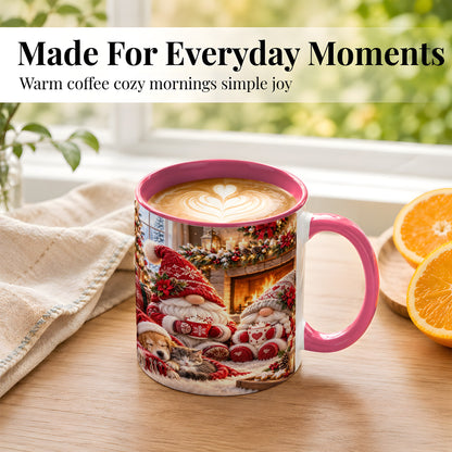 #pl[11oz|Pink] Cozy Christmas Gnome Coffee Mug, Fireplace Holiday Mug, Ceramic Cup