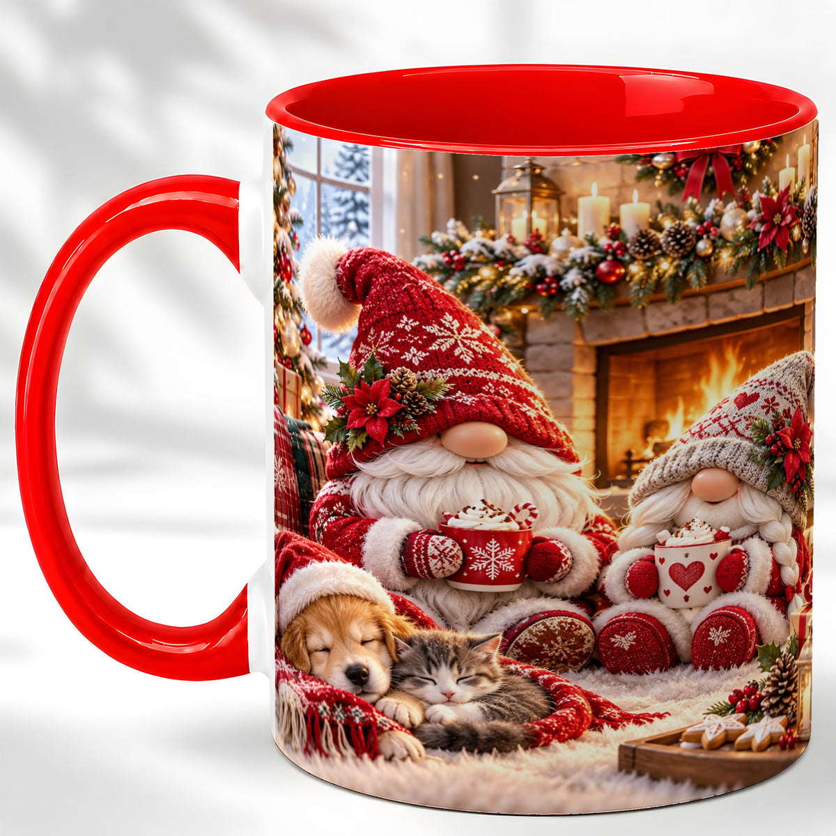 Cozy Christmas Gnome Coffee Mug, Fireplace Holiday Mug, Ceramic Cup