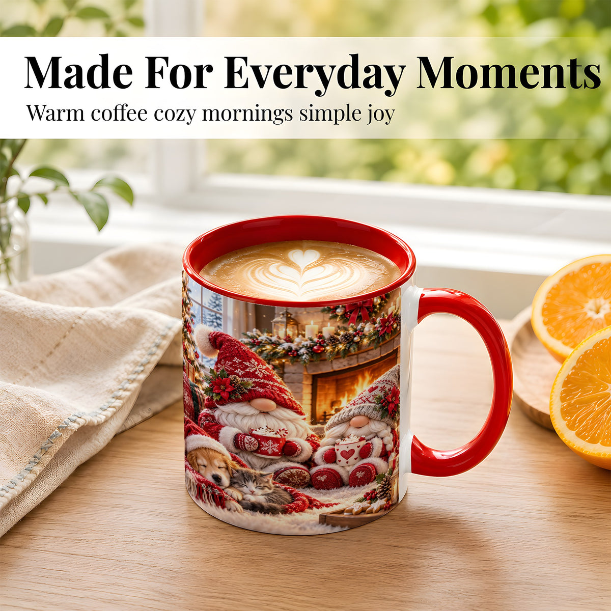 #pl[11oz|Red] Cozy Christmas Gnome Coffee Mug, Fireplace Holiday Mug, Ceramic Cup