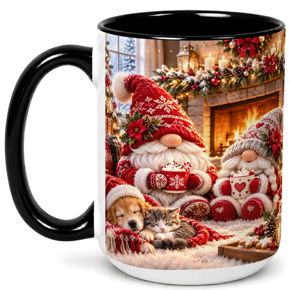 #pl[15oz|Black] Cozy Christmas Gnome Coffee Mug, Fireplace Holiday Mug, Ceramic Cup