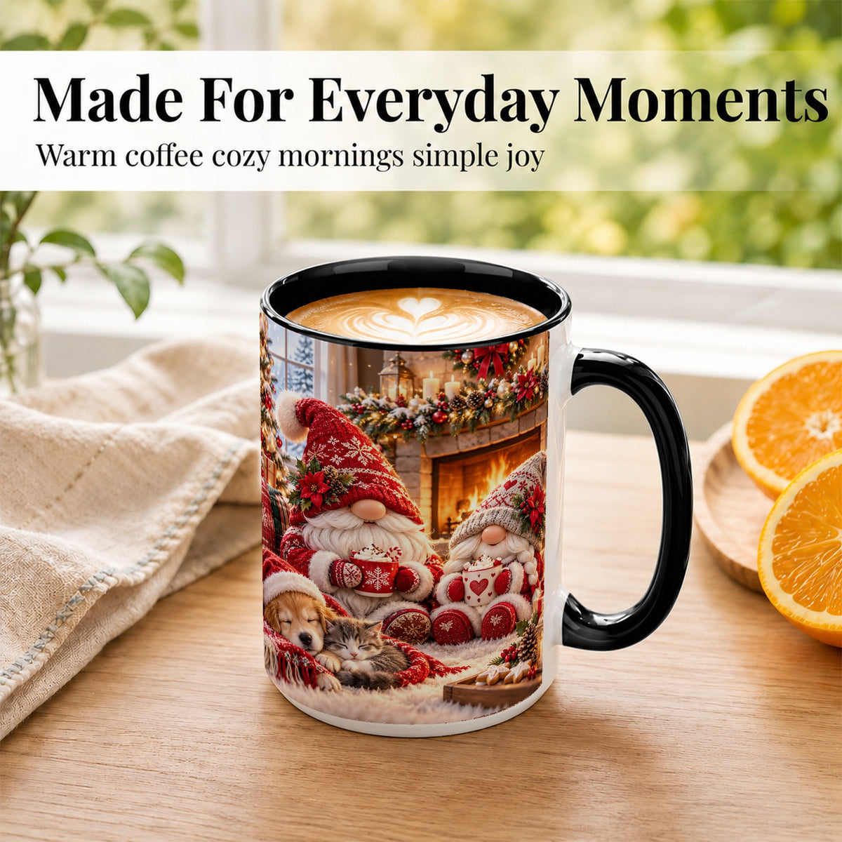 #pl[15oz|Black] Cozy Christmas Gnome Coffee Mug, Fireplace Holiday Mug, Ceramic Cup